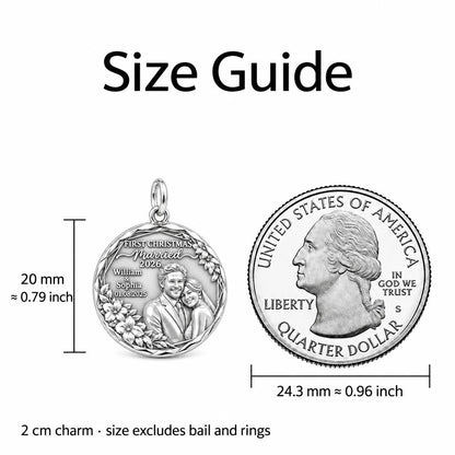 First Christmas Married Charm Bracelet – Personalized Couple Gift – size guide, 2 cm charm next to a quarter