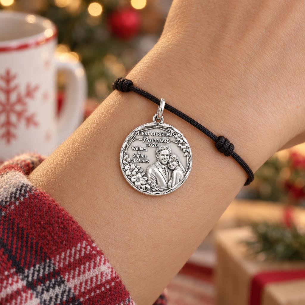 First Christmas Married Charm Bracelet – Personalized Couple Gift – worn on the wrist on a black cord bracelet