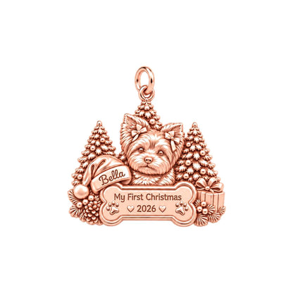 First Christmas Puppy Charm Bracelet – Personalized Dog Mom Gift – rose gold 2 cm charm, front view