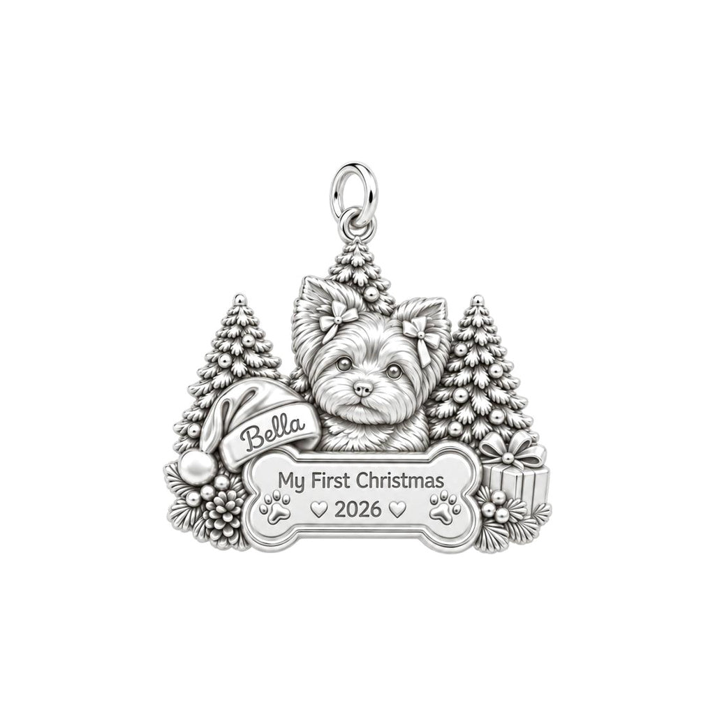 First Christmas Puppy Charm Bracelet – Personalized Dog Mom Gift – silver plated 2 cm charm, front view