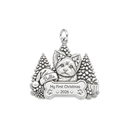 First Christmas Puppy Charm Bracelet – Personalized Dog Mom Gift – silver plated 2 cm charm, front view
