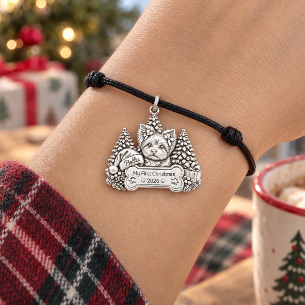 First Christmas Puppy Charm Bracelet – Personalized Dog Mom Gift – worn on the wrist on a black cord bracelet