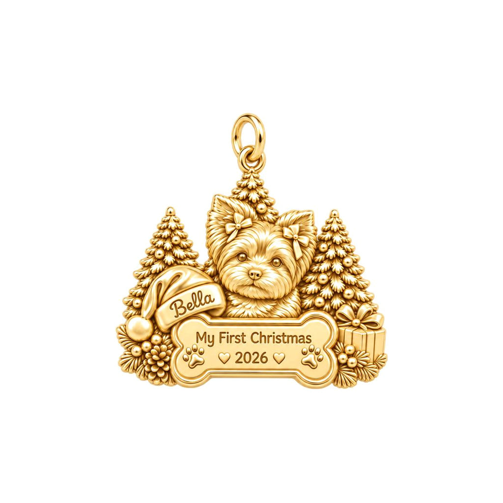 First Christmas Puppy Charm Bracelet – Personalized Dog Mom Gift – 18K gold plated 2 cm charm, front view