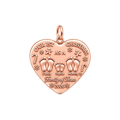 First Christmas Tiny Footprints Charm Bracelet – Personalized Mom Gift – rose gold 3 cm charm, front view
