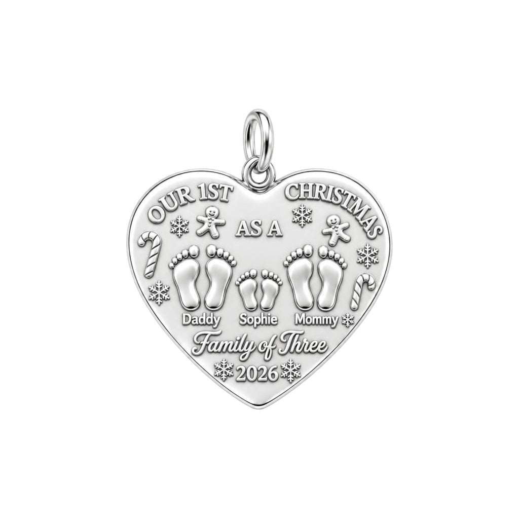 First Christmas Tiny Footprints Charm Bracelet – Personalized Mom Gift – silver plated 3 cm charm, front view