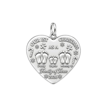 First Christmas Tiny Footprints Charm Bracelet – Personalized Mom Gift – silver plated 3 cm charm, front view