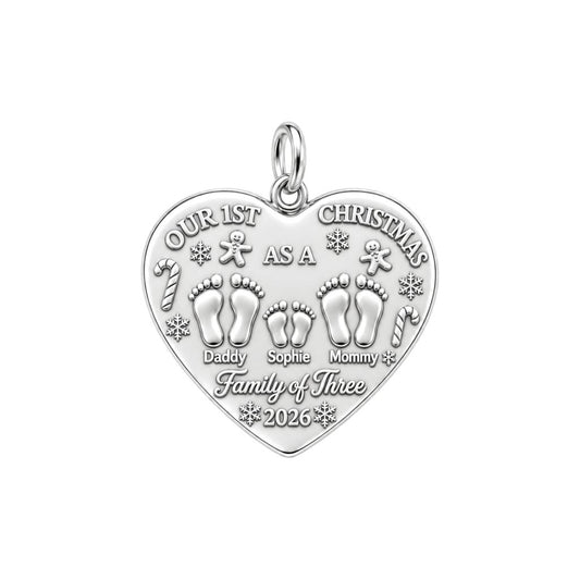 First Christmas Tiny Footprints Charm Bracelet – Personalized Mom Gift – silver plated 3 cm charm, front view