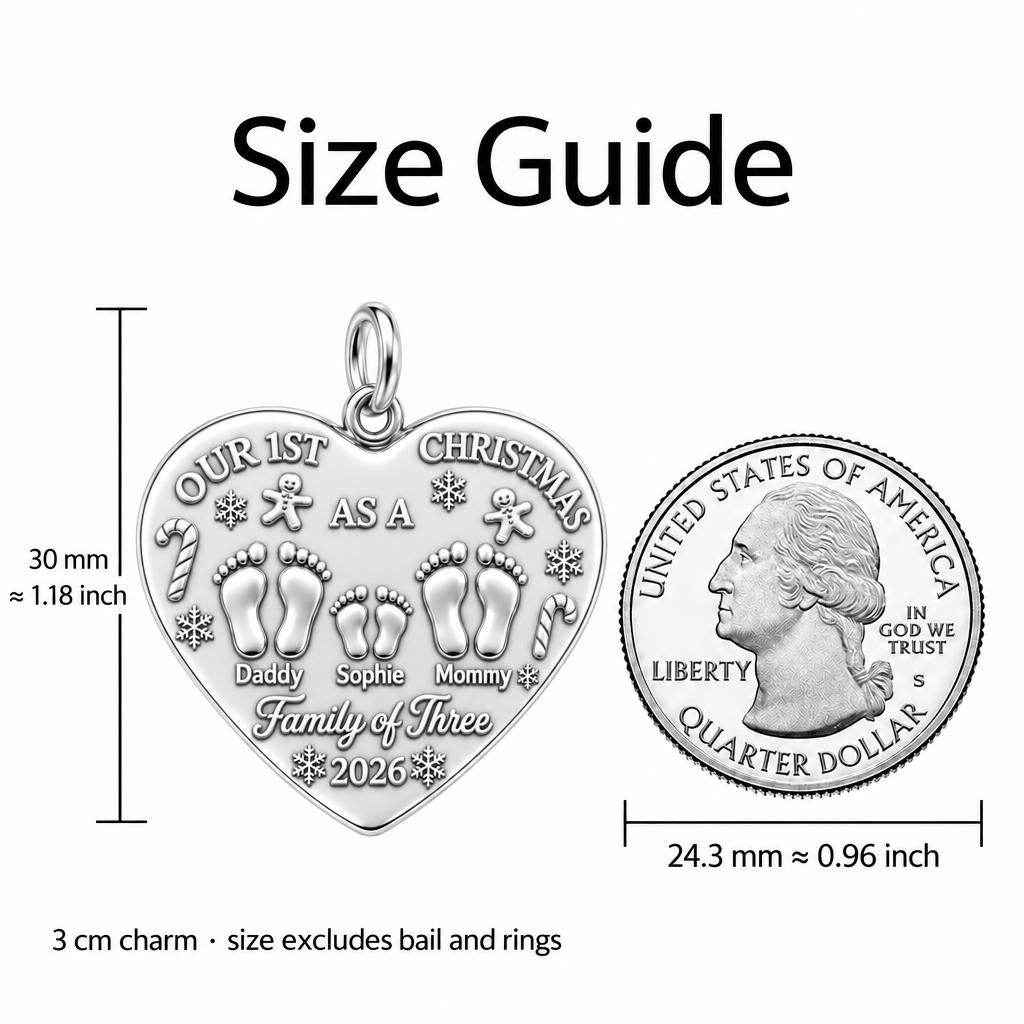 First Christmas Tiny Footprints Charm Bracelet – Personalized Mom Gift – size guide, 3 cm charm next to a quarter