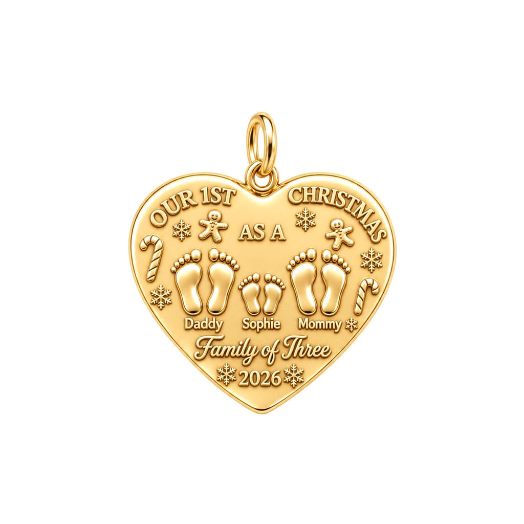 First Christmas Tiny Footprints Charm Bracelet – Personalized Mom Gift – 18K gold plated 3 cm charm, front view