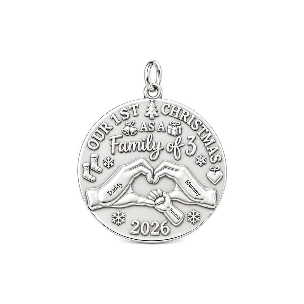 First Christmas Together Charm Bracelet – Personalized Mom Gift – silver plated 3 cm charm, front view