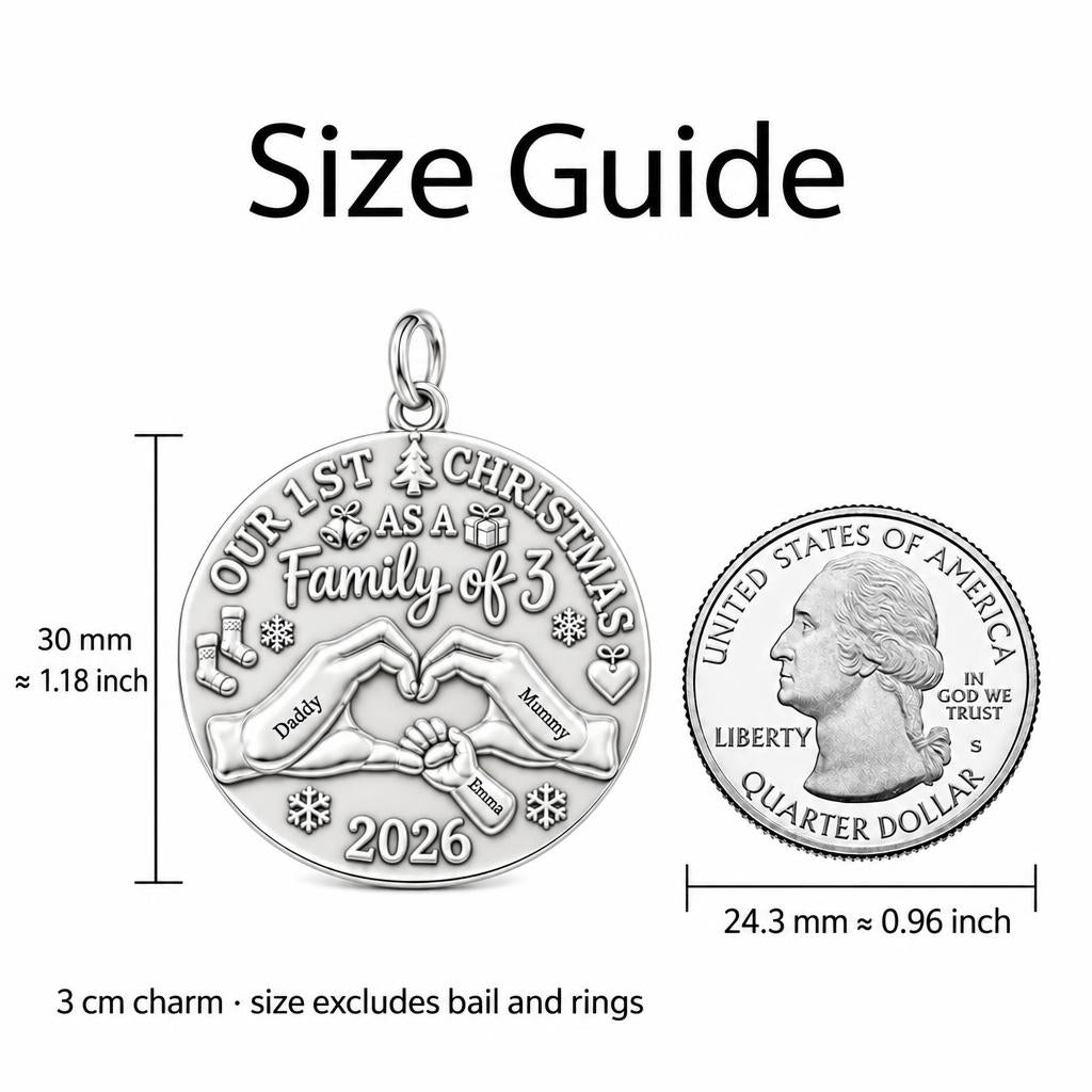 First Christmas Together Charm Bracelet – Personalized Mom Gift – size guide, 3 cm charm next to a quarter