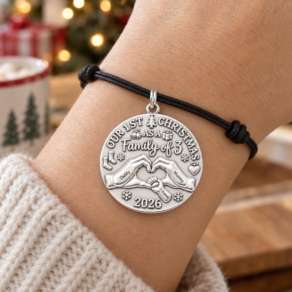 First Christmas Together Charm Bracelet – Personalized Mom Gift – worn on the wrist on a black cord bracelet