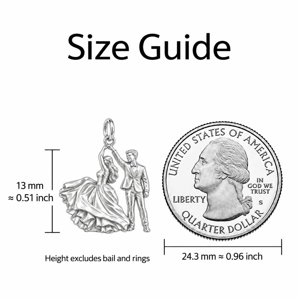 First Dance Silhouette Charm Bracelet – Personalized Couple Gift – size guide, 13 mm charm next to a quarter