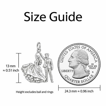 First Dance Silhouette Charm Bracelet – Personalized Couple Gift – size guide, 13 mm charm next to a quarter