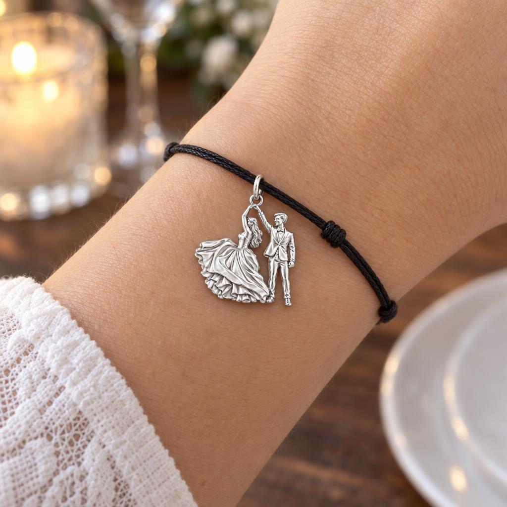 First Dance Silhouette Charm Bracelet – Personalized Couple Gift – worn on the wrist on a black cord bracelet
