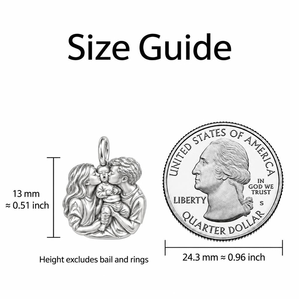 First Family Kiss Charm Bracelet Set – size guide, 13 mm charm next to a quarter