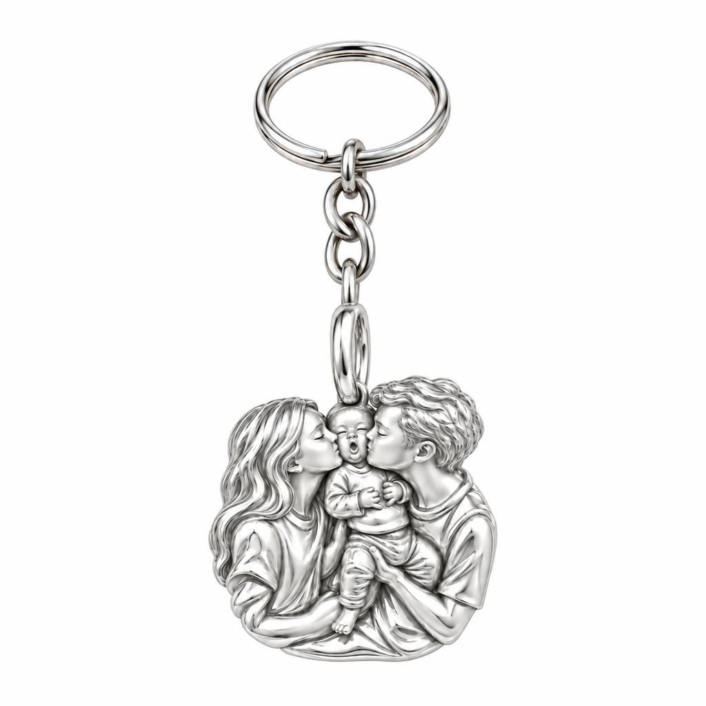 First Family Kiss Charm Keychain – silver, front view