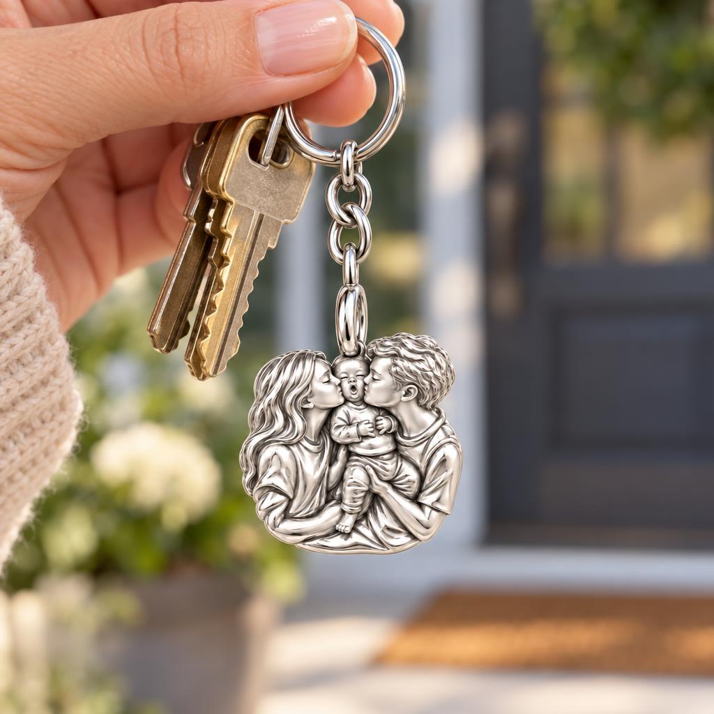 First Family Kiss Charm Keychain – worn / in use
