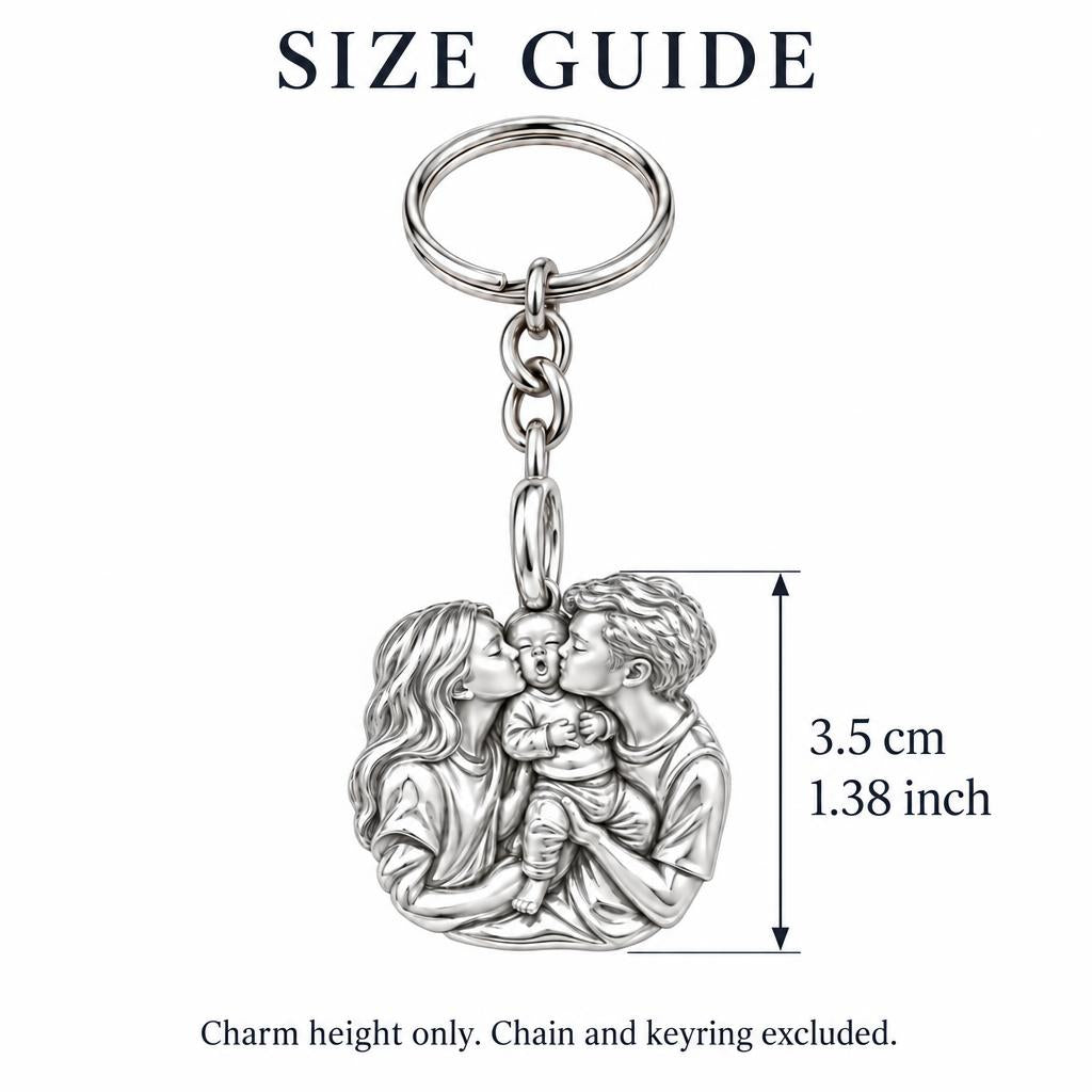 First Family Kiss Charm Keychain – size guide, 3.5 cm (1.38 in) charm, chain and keyring excluded