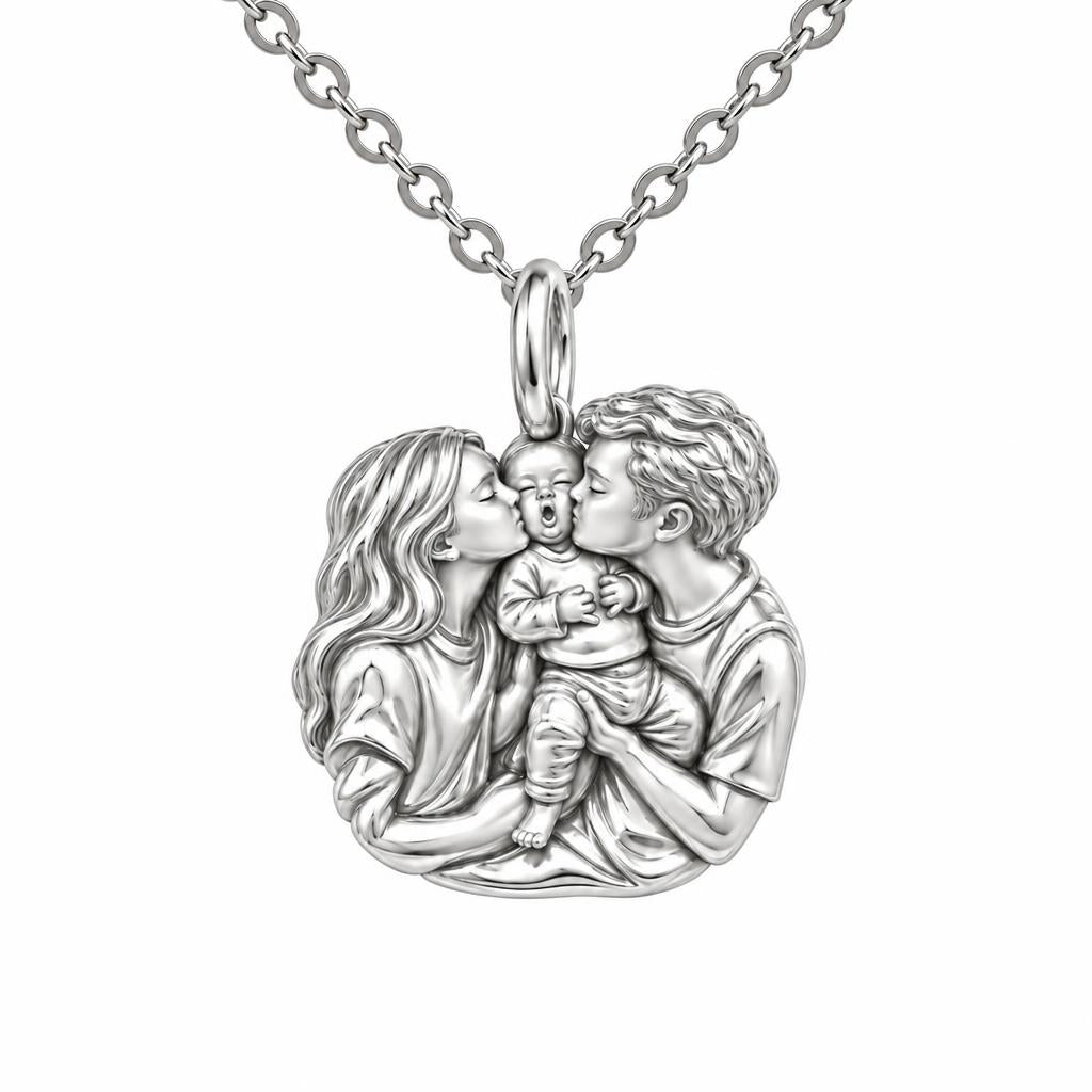 First Family Kiss Charm Necklace Set – silver, front view