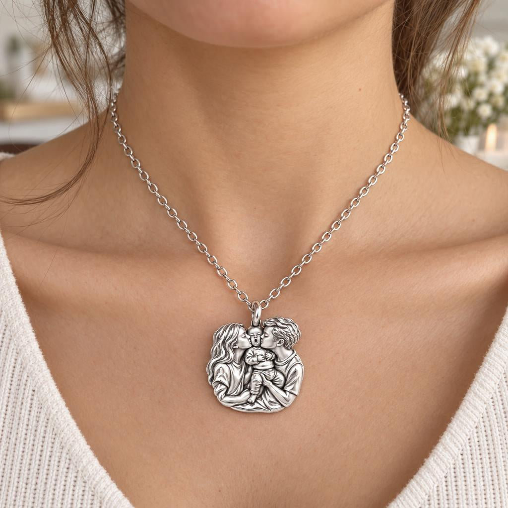 First Family Kiss Charm Necklace Set – worn / in use
