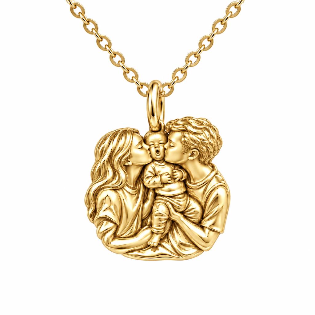 First Family Kiss Charm Necklace Set – 18K gold, front view