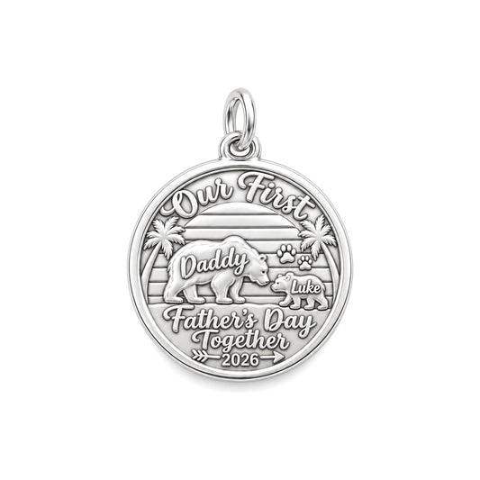 First Father's Day Bear Charm Bracelet – Personalized Dad Gift – silver plated 2 cm charm, front view
