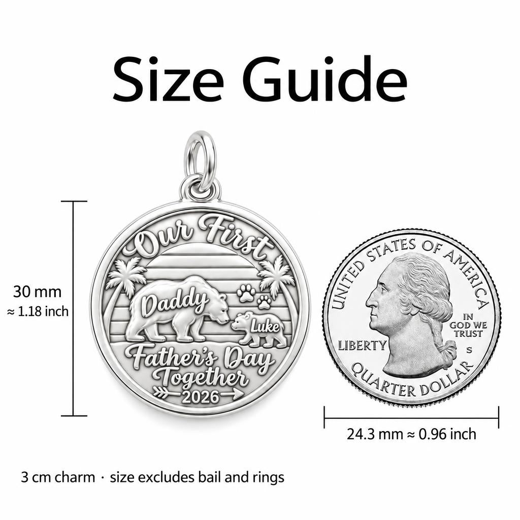 First Father's Day Bear Charm Bracelet – Personalized Dad Gift – size guide, 3 cm charm next to a quarter