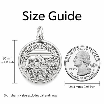 First Father's Day Bear Charm Bracelet – Personalized Dad Gift – size guide, 3 cm charm next to a quarter