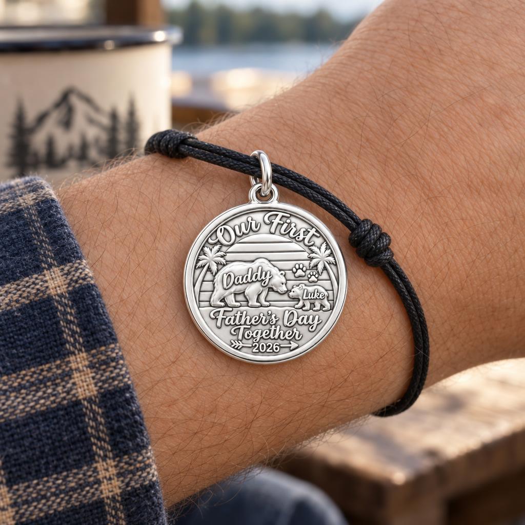 First Father's Day Bear Charm Bracelet – Personalized Dad Gift – worn on the wrist on a black cord bracelet