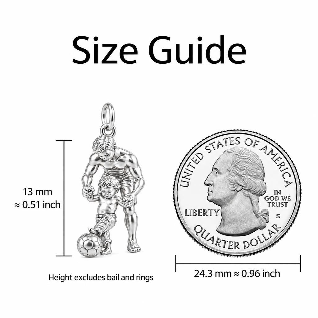 First Goal Together Charm Bracelet – Personalized Dad Gift – size guide, 13 mm charm next to a quarter
