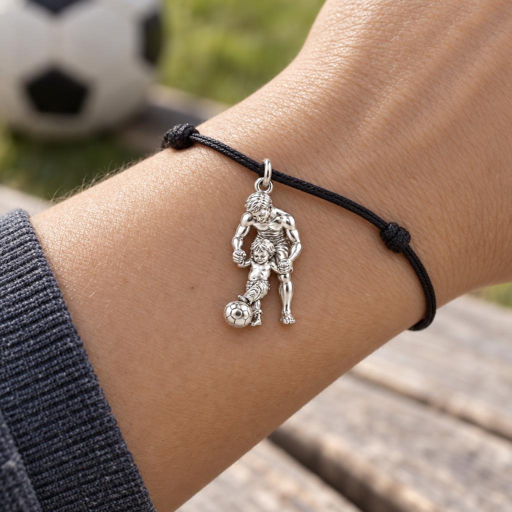 First Goal Together Charm Bracelet – Personalized Dad Gift – worn on the wrist on a black cord bracelet