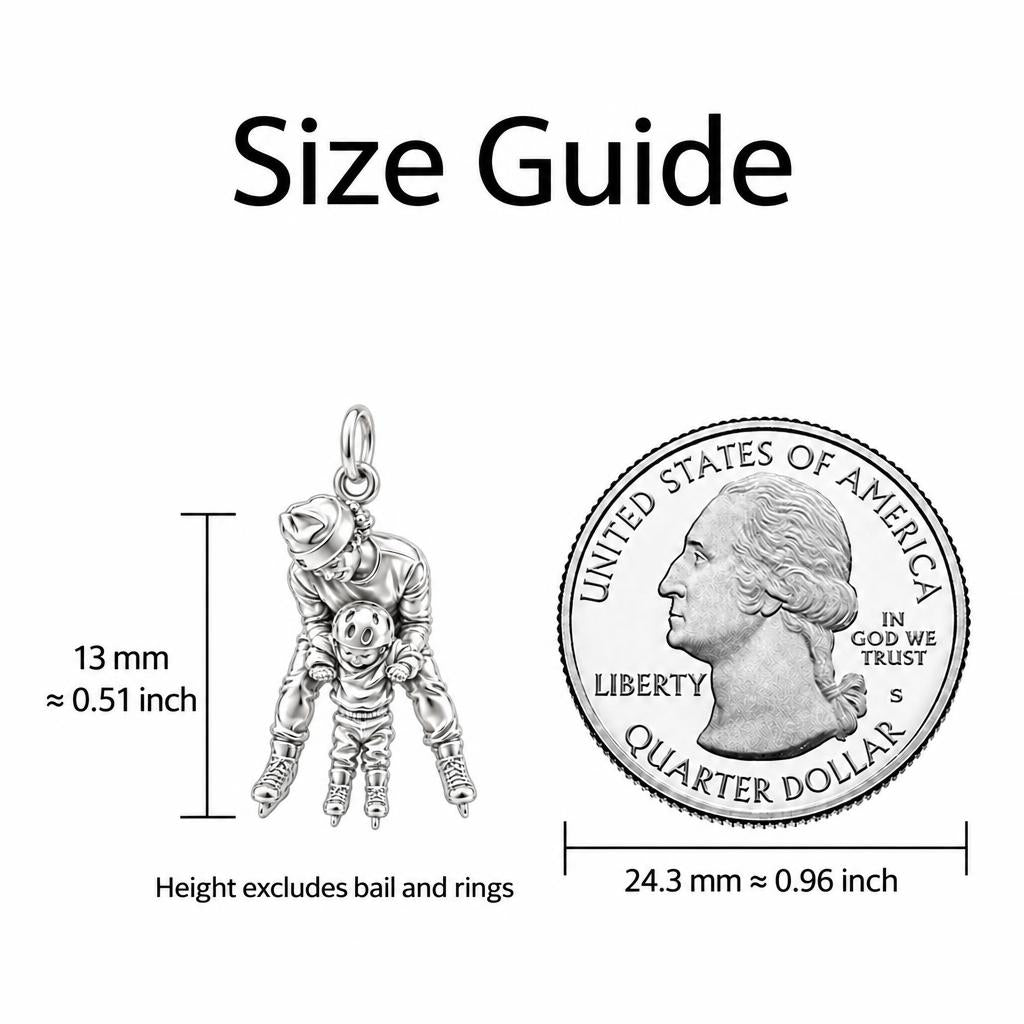 First Ice Skating Lessons Charm Bracelet – Personalized Dad Gift – size guide, 13 mm charm next to a quarter