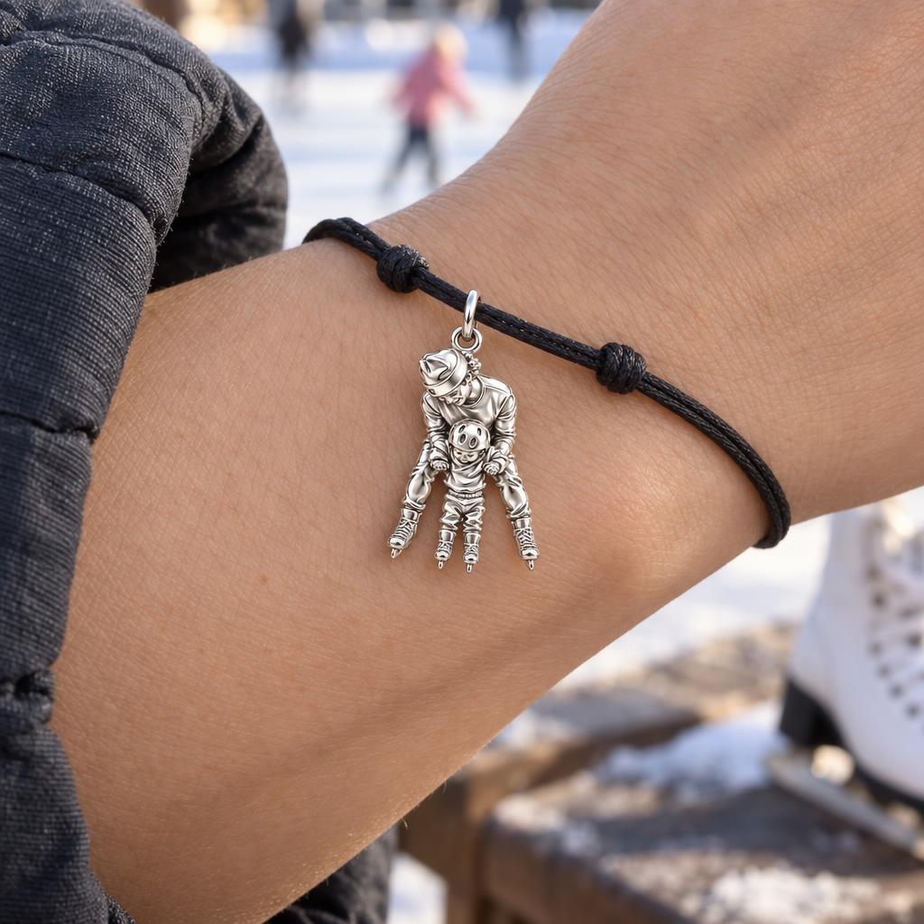 First Ice Skating Lessons Charm Bracelet – Personalized Dad Gift – worn on the wrist on a black cord bracelet