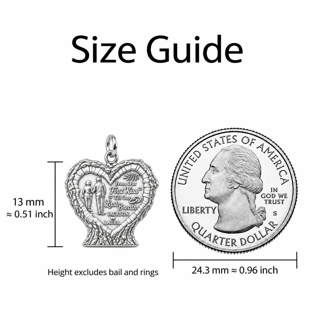 First Kiss to Last Breath Charm Bracelet – Personalized Couple Gift – size guide, 13 mm charm next to a quarter