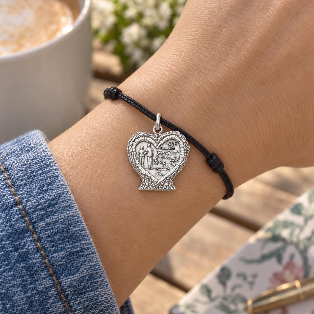First Kiss to Last Breath Charm Bracelet – Personalized Couple Gift – worn on the wrist on a black cord bracelet