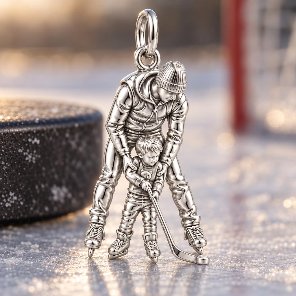 First Lesson on Ice Charm Bracelet – Personalized Dad Gift – macro detail of the charm