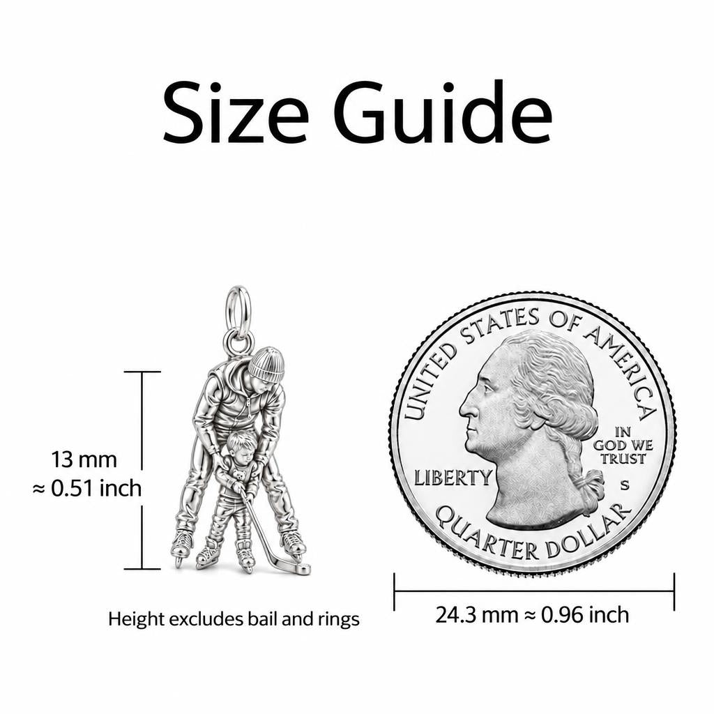 First Lesson on Ice Charm Bracelet – Personalized Dad Gift – size guide, 13 mm charm next to a quarter