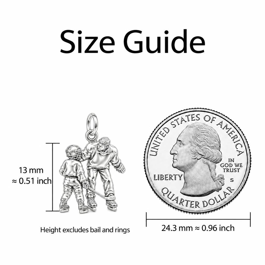First Lesson on Ice Charm Bracelet – Personalized Dad Gift – size guide, 13 mm charm next to a quarter