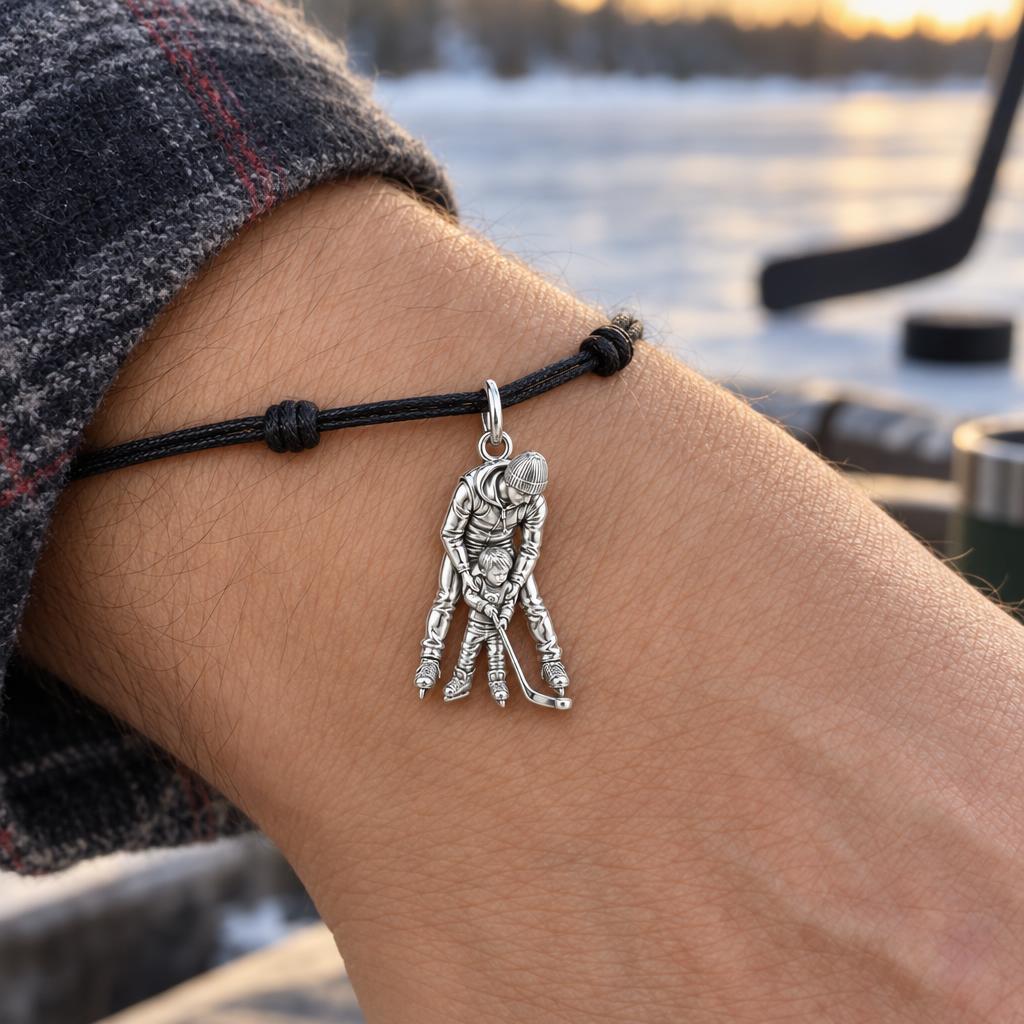 First Lesson on Ice Charm Bracelet – Personalized Dad Gift – worn on the wrist on a black cord bracelet