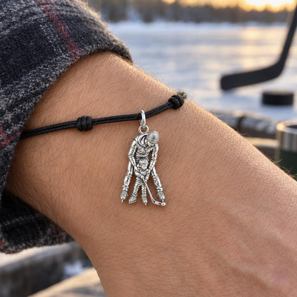 First Lesson on Ice Charm Bracelet – Personalized Dad Gift – worn on the wrist on a black cord bracelet