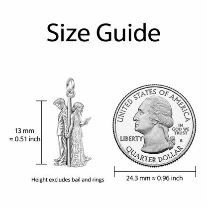 First Look Vows Huggie Charm Earrings – size guide, 13 mm charm next to a quarter