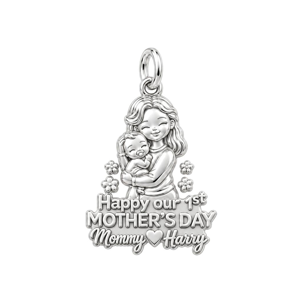 First Mother's Day Hug Charm Bracelet – Personalized Mom Gift – silver plated 3 cm charm, front view
