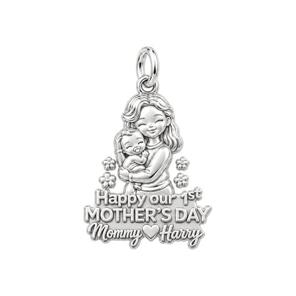 First Mother's Day Hug Charm Bracelet – Personalized Mom Gift – silver plated 3 cm charm, front view