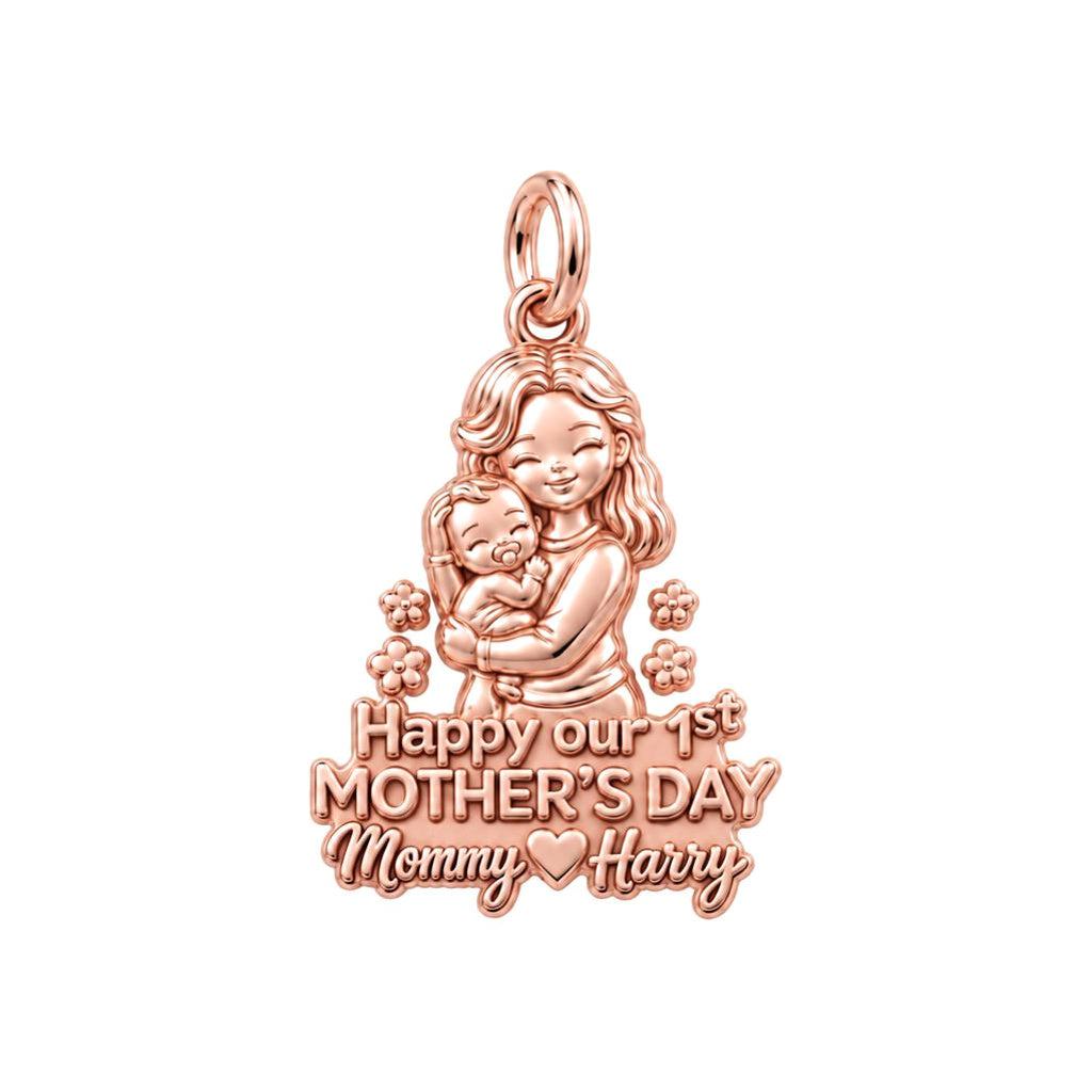 First Mother's Day Hug Charm Bracelet – Personalized Mom Gift – rose gold 3 cm charm, front view