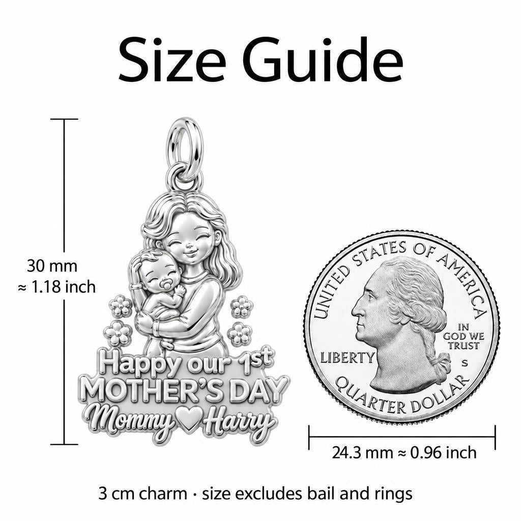 First Mother's Day Hug Charm Bracelet – Personalized Mom Gift – size guide, 3 cm charm next to a quarter