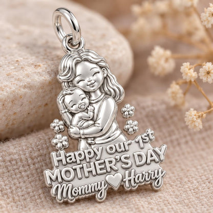 First Mother's Day Hug Charm Bracelet – Personalized Mom Gift – macro detail of the charm