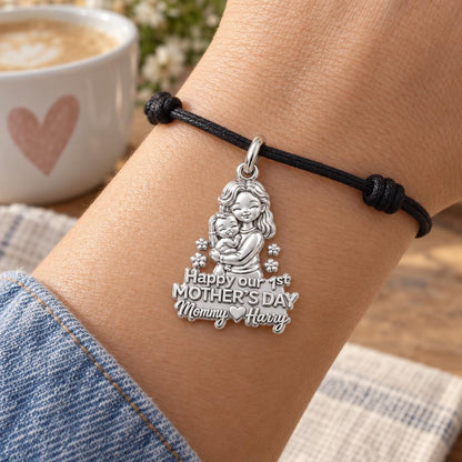 First Mother's Day Hug Charm Bracelet – Personalized Mom Gift – worn on the wrist on a black cord bracelet