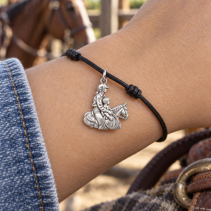 First Ride Together Charm Bracelet – Personalized Mom Gift – worn on the wrist on a black cord bracelet