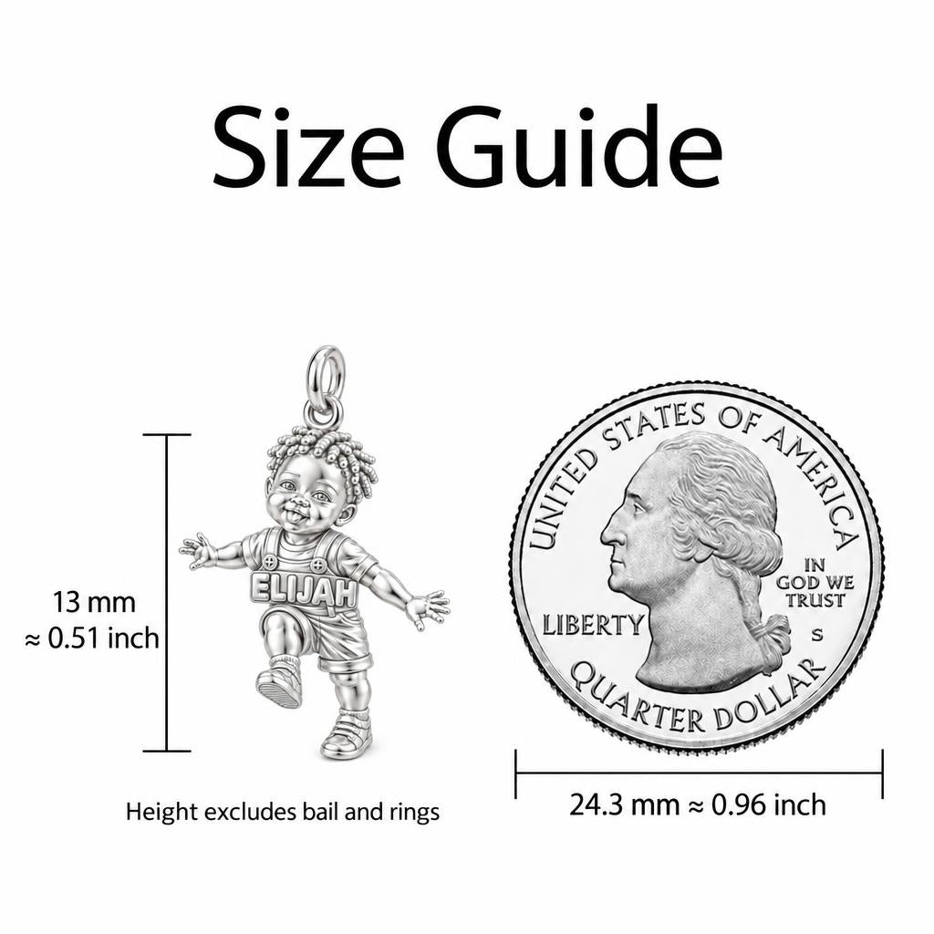 First Steps Baby Boy Charm Bracelet – Personalized Black Mom Gift – size guide, 13 mm charm next to a quarter